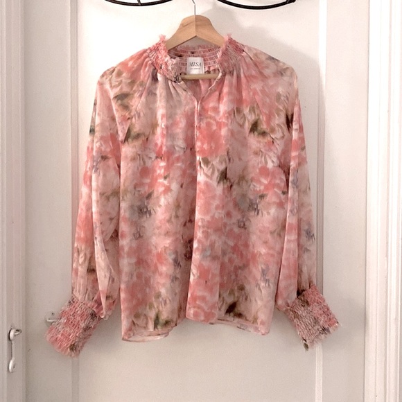 Misa Los Angeles Tops - Misa Los Angeles Pink Long Sleeve Ruffled Blouse with Mandarin Collar